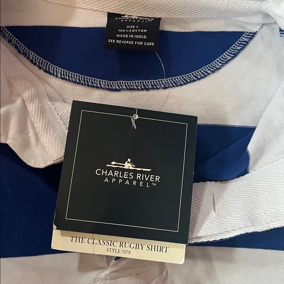 NWT- Charles River Apparel Men's Long Sleeve Shirt - Navy and White Stripes - Picture 4 of 5